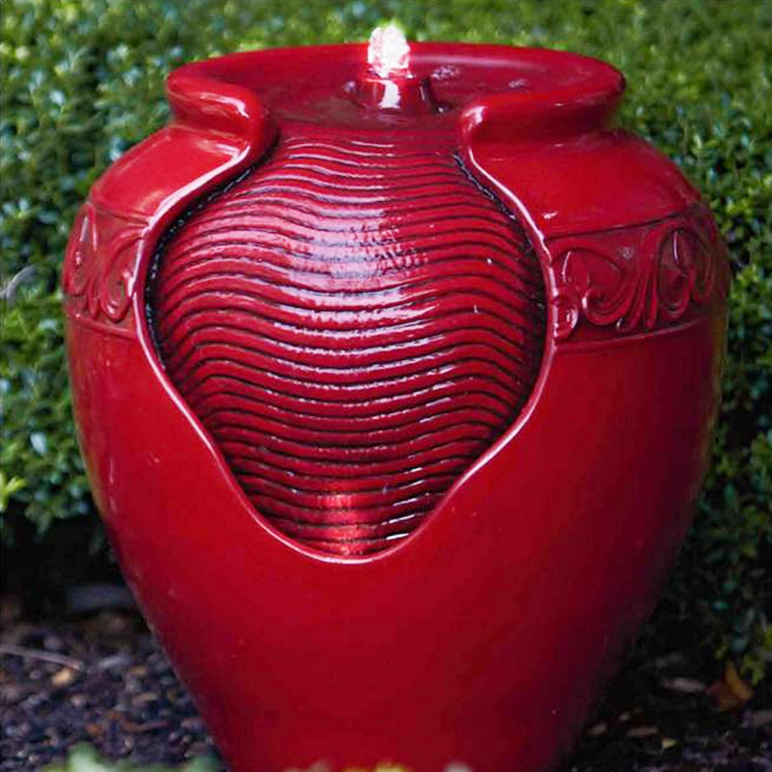 Teamson Home Outdoor Glazed Pot Floor Fountain with LED Lights， Red