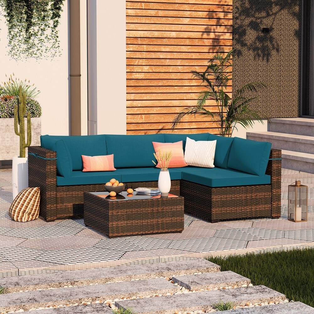 UPHA 5 piece Cushioned Wicker Patio Conversation Seating Set with Coffee Table