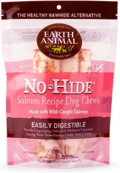 Earth Animal No-Hide Long Lasting Natural Rawhide Alternative Salmon Recipe Medium Chew Dog Treats， 2 count