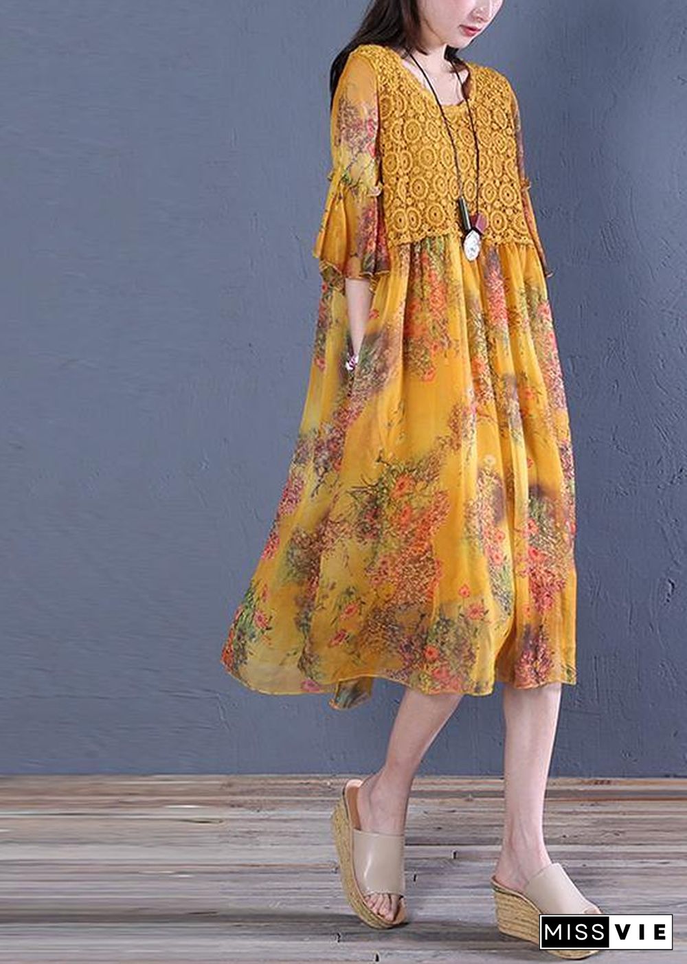 Italian o neck Butterfly Sleeve Cotton Fabrics yellow print Dress