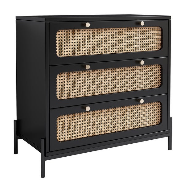 Modern Rattan Closet 3-Drawer Chest， Wood Storage Cabinet - - 37920428