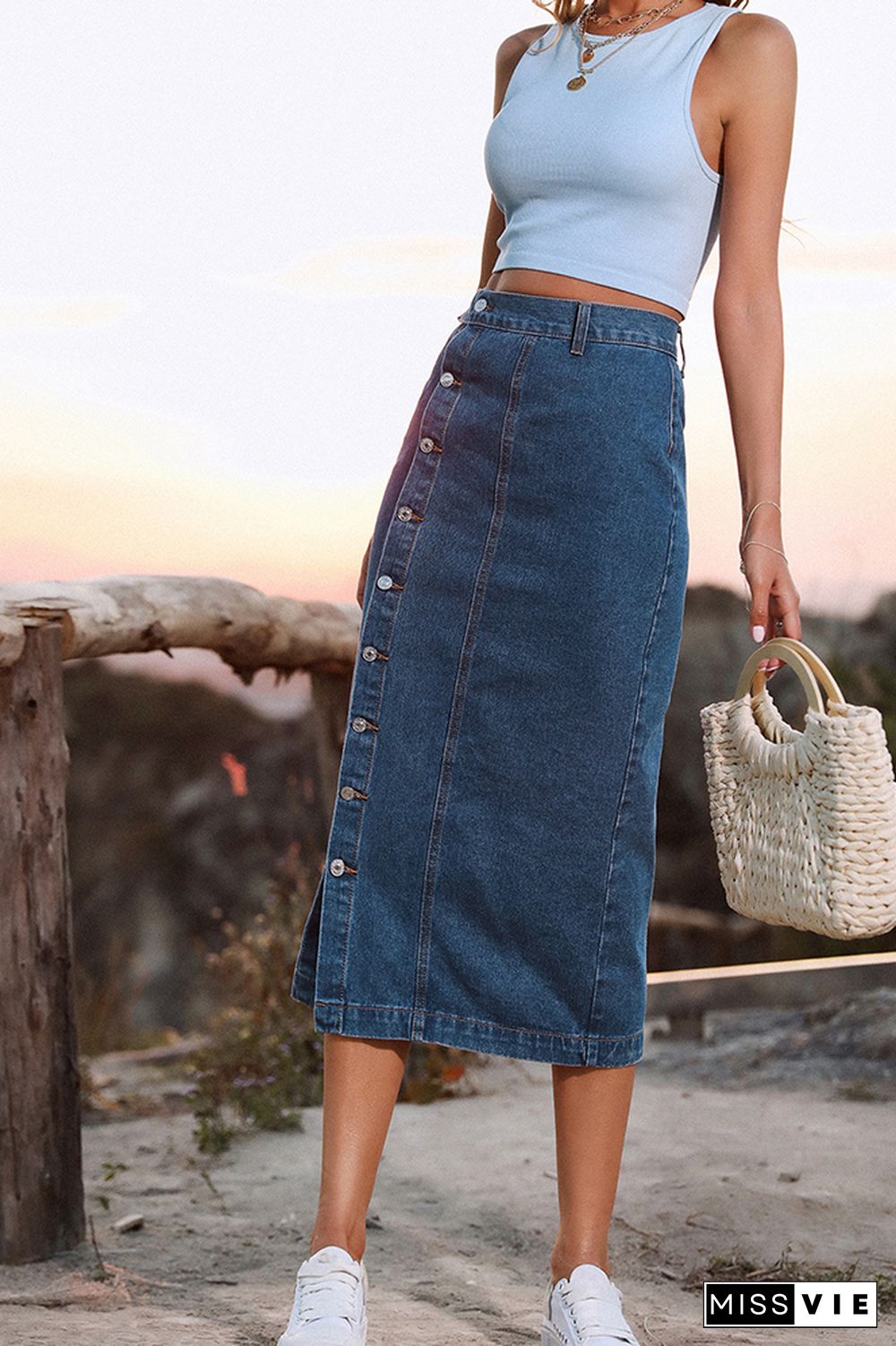 Slit Buttons High Waist Denim Skirt Wholesale