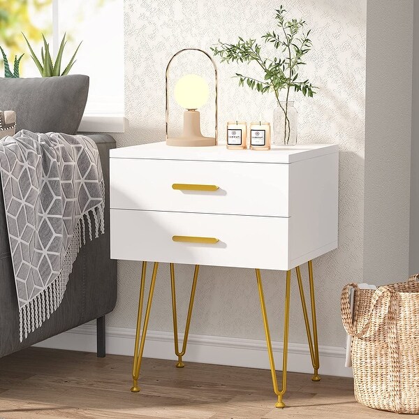 2-Drawer Nightstand， White Gold Night Stand Bed Side Table Bedroom - - 36389509