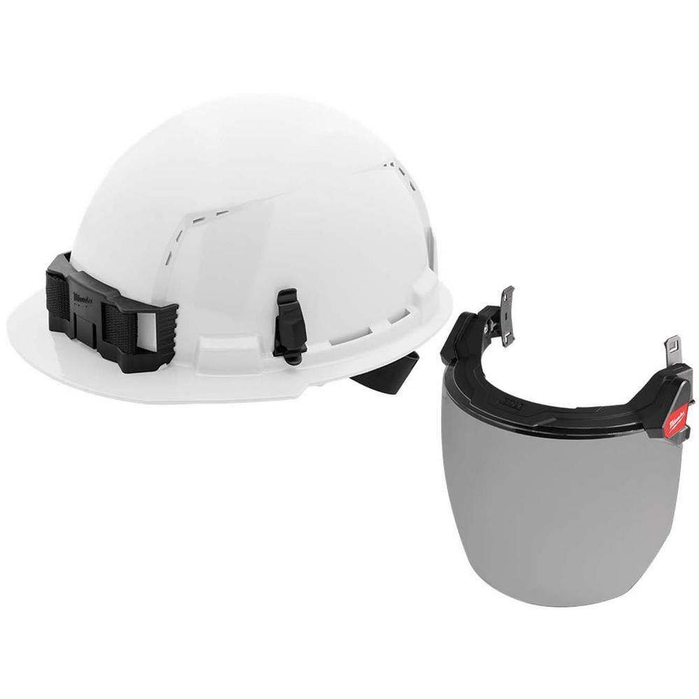 MW BOLT White Type 1 Class C Front Brim Vented Hard Hat with 4 Point Ratcheting Suspension with Smoke Full Face Shield 48-73-1200-48-73-1425