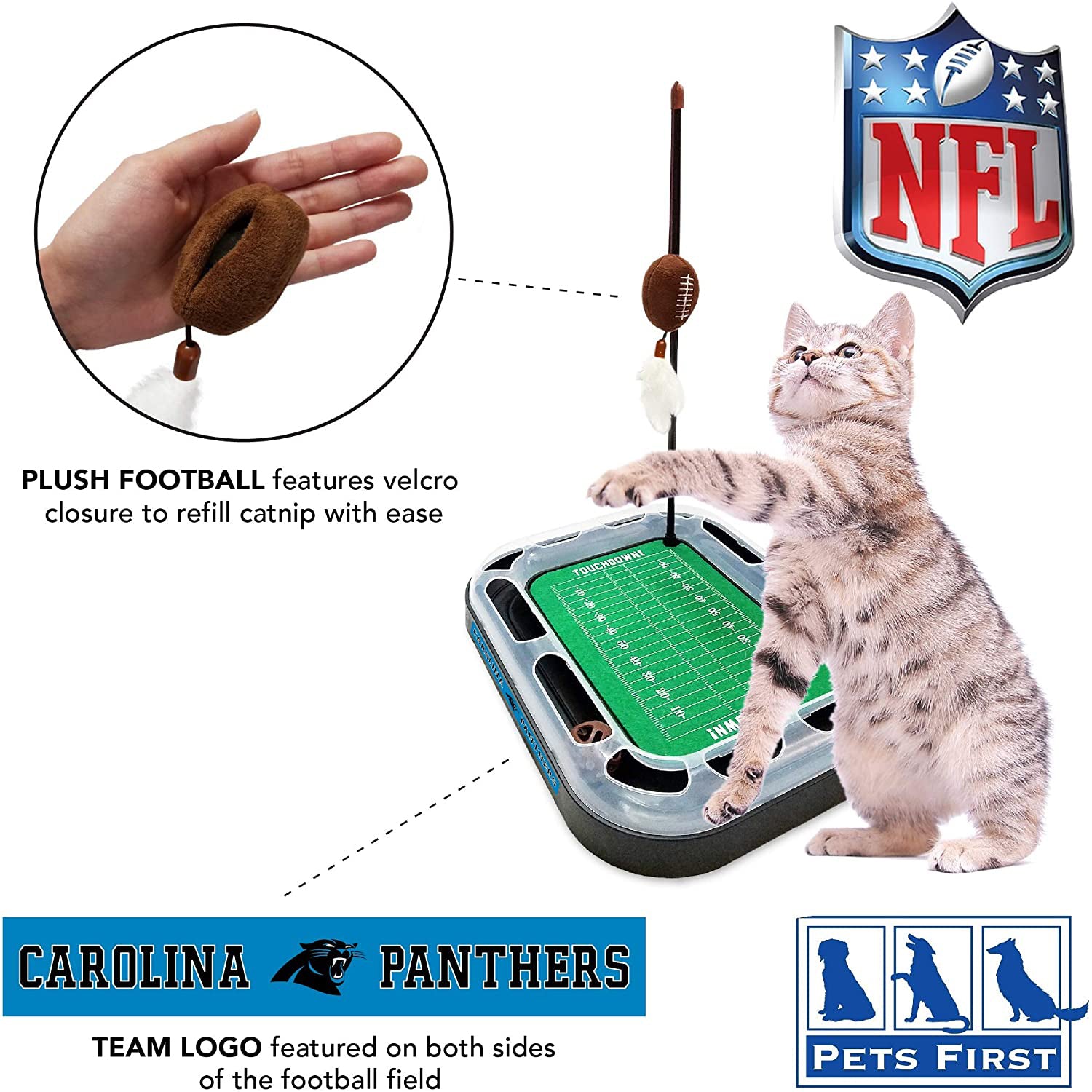 NFL Carolina Panthers Cat Scratcher Toy with Catnip Plush and Feather Cat and Kitty Toy