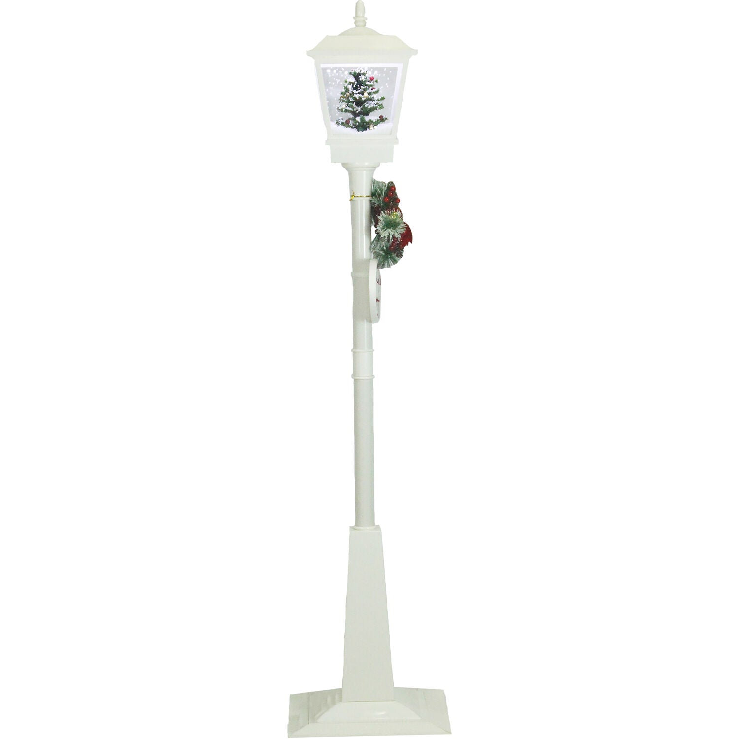 Christmas Time 71-In. Musical Snowy Street Lamp | Christmas Tree Scene， 2 Signs， Cascading Snow， and Holiday Songs | White | CT-SL071A-WHT