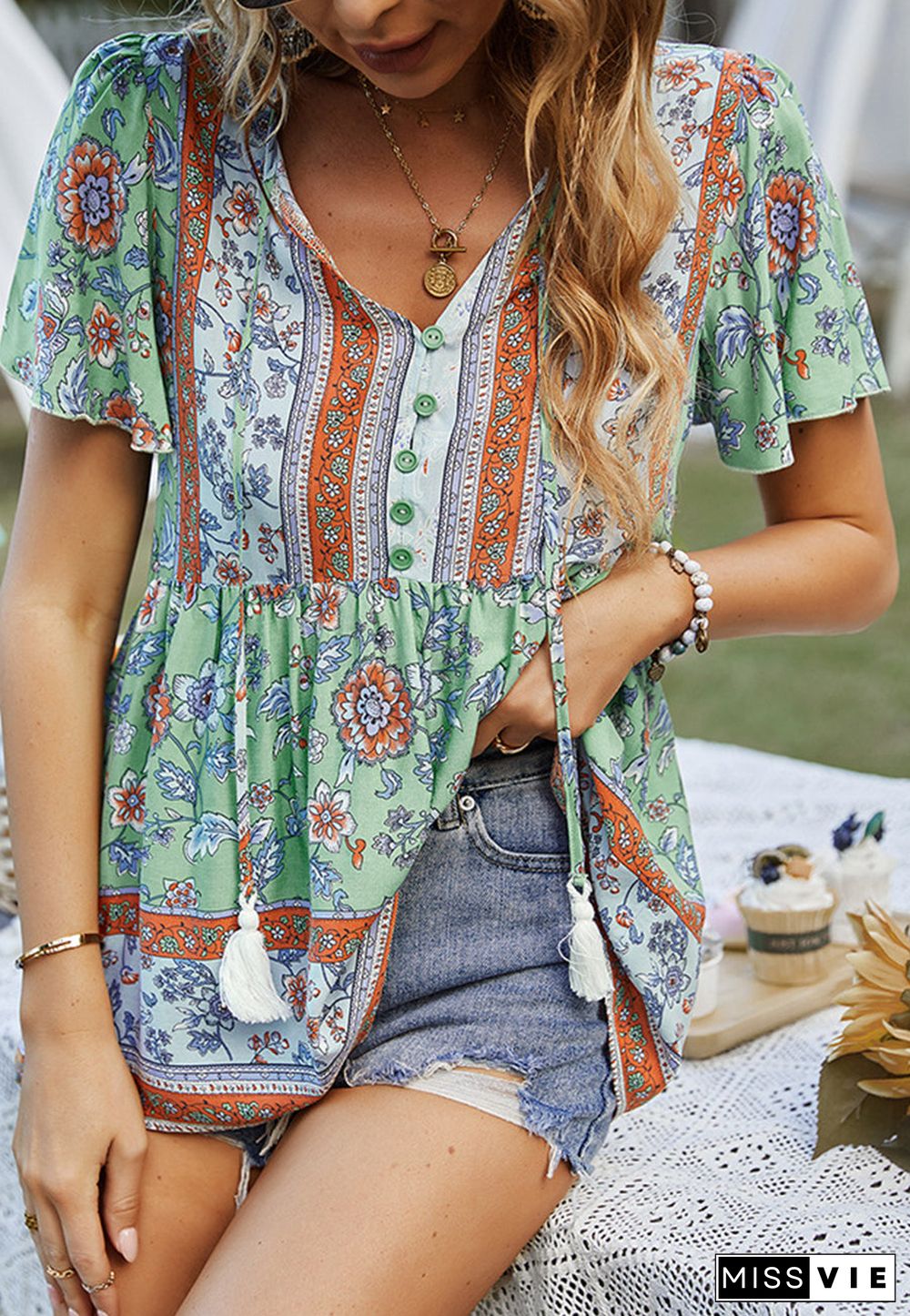 Tie V Neck Peplum Boho Blouse