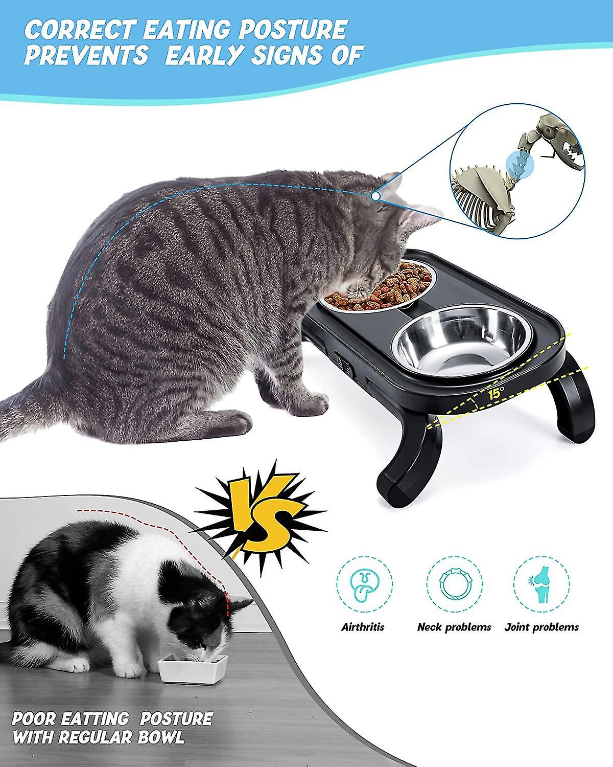 Less Steel Elevated Cat Bowl (2xml)， Adjable H Double Inclined Bowl For Cat//s Dog