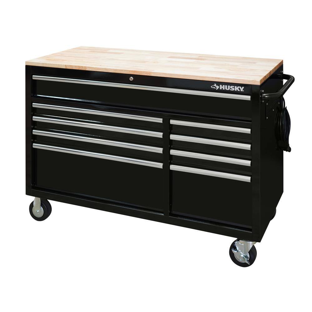 Husky 52 in. W x 25 in. D Standard Duty 9-Drawer Mobile Workbench Tool Chest with Solid Wood Top in Gloss Black HOTC5209B12M