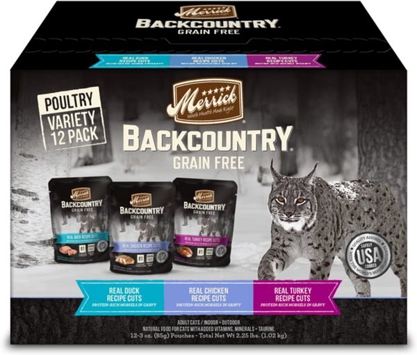 Merrick Backcountry Grain-Free Morsels in Gravy Real Duck， Chicken， Turkey Recipe Cuts Variety Pack Cat Food Pouches