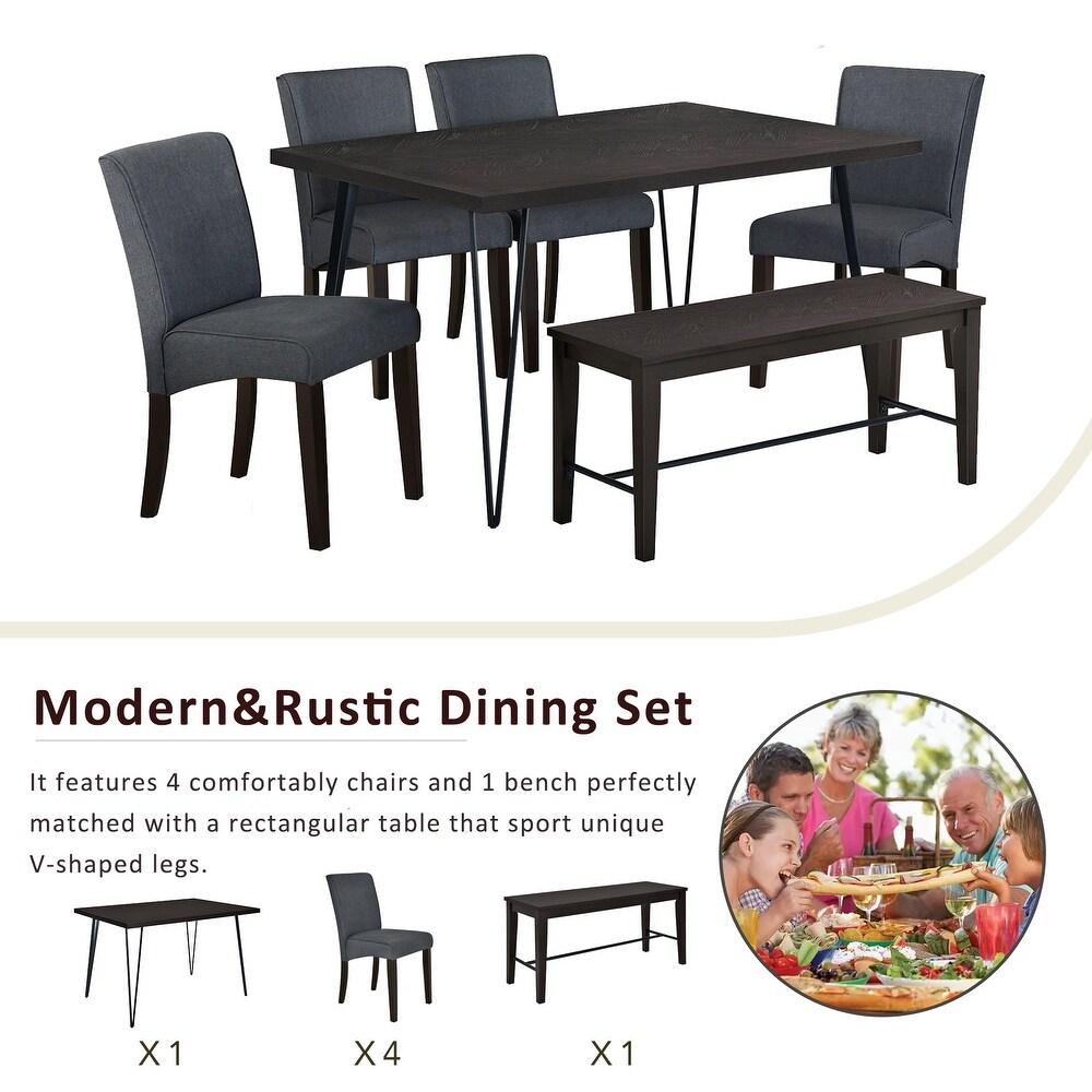 6 Piece Rectangular Dining Table Set w/Upholstered Chairs   Bench