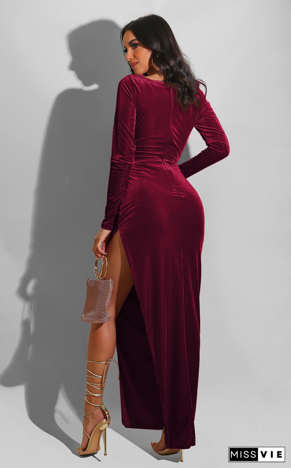 Velvet Long Sleeve High Slit Evening Dress