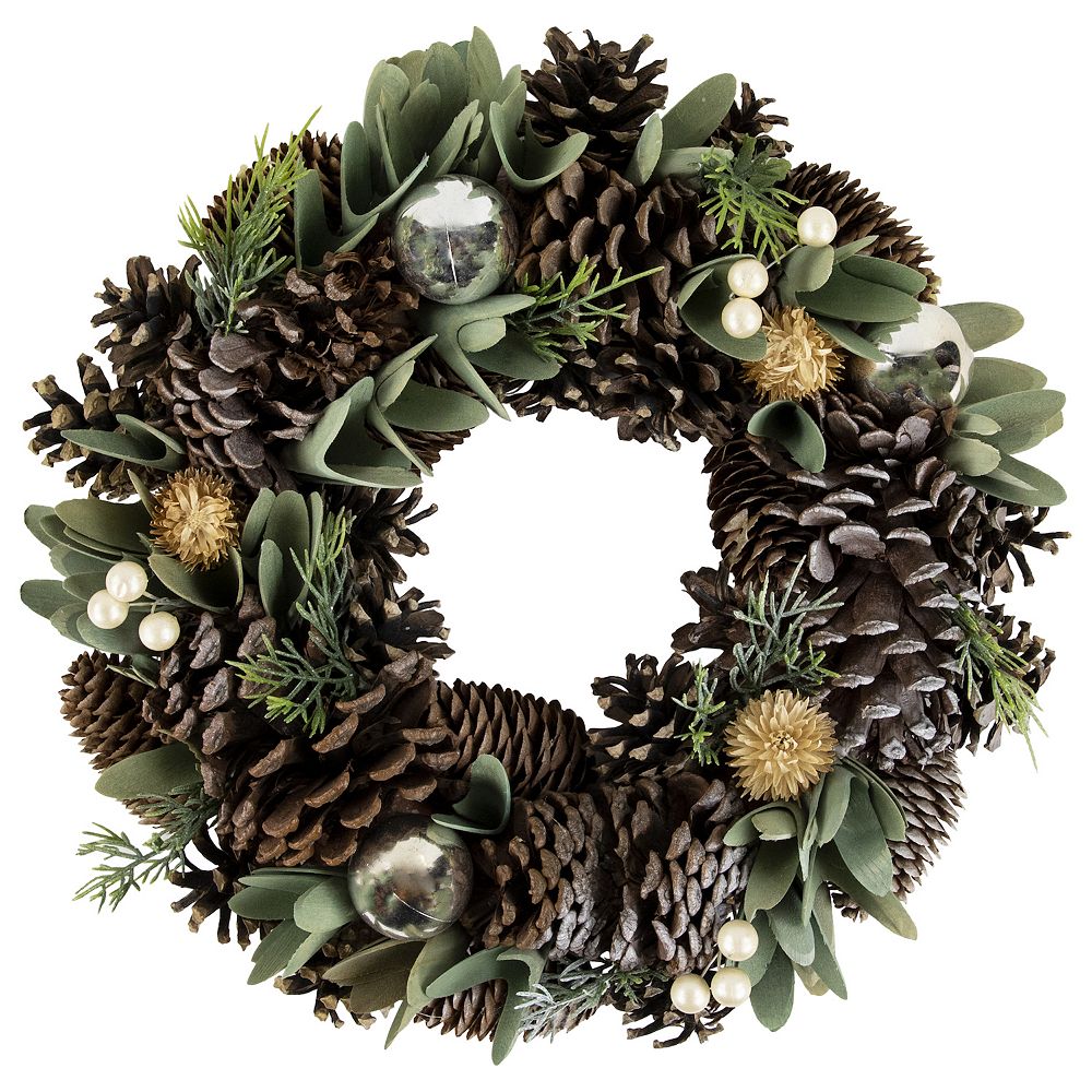 Northlight Silver and Green Mixed Foliage and Pinecone Christmas Wreath 13.5-in. Unlit