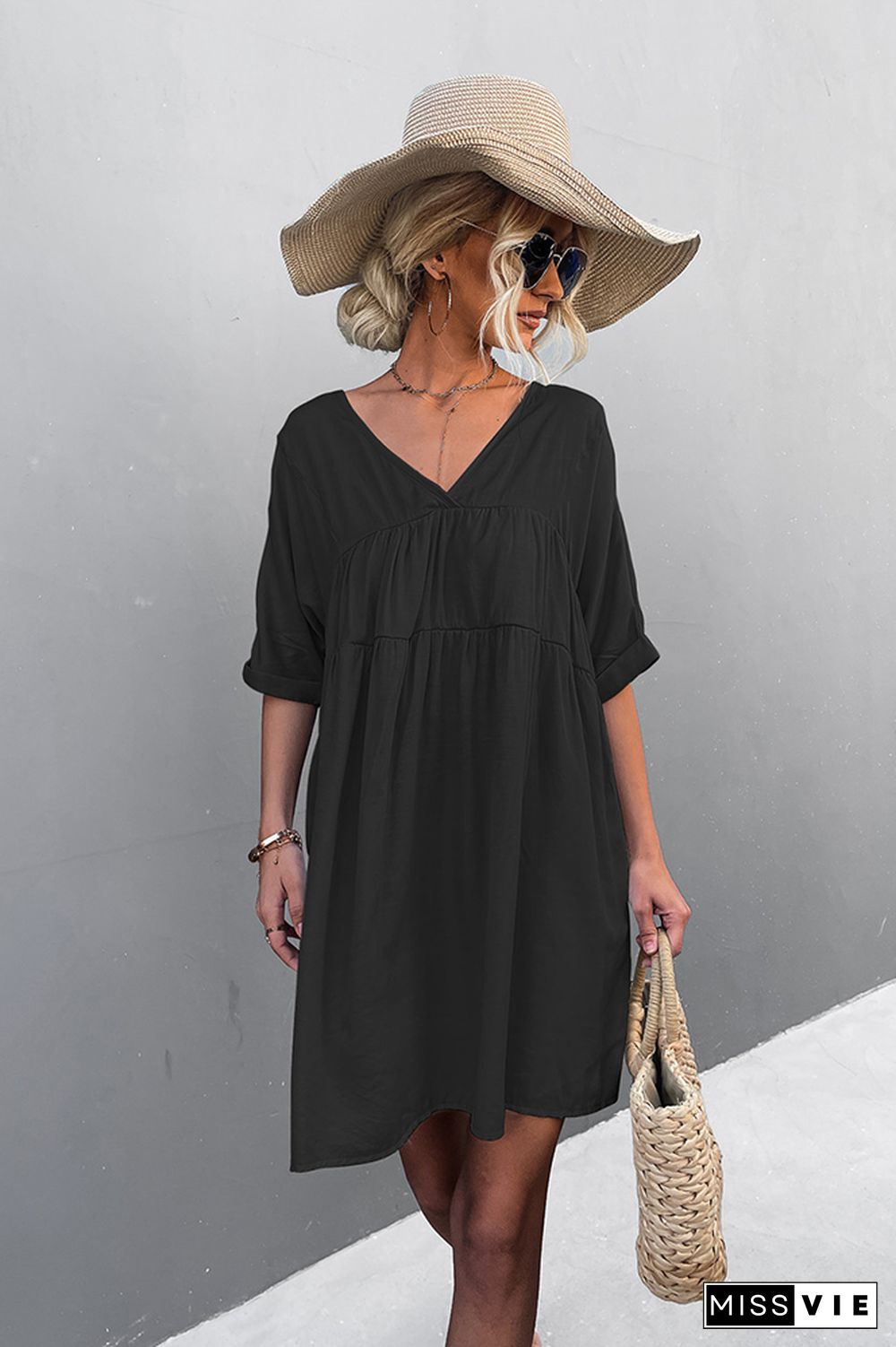 Loose V Neck Short Sleeves Dress Wholesale