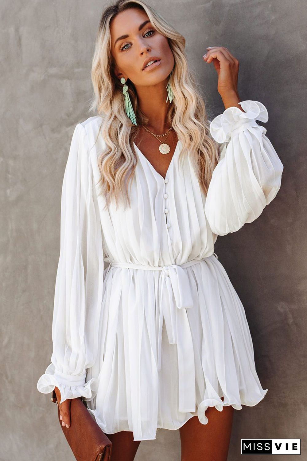 White Pleated Ruffled Tie Waist Buttons V Neck Romper