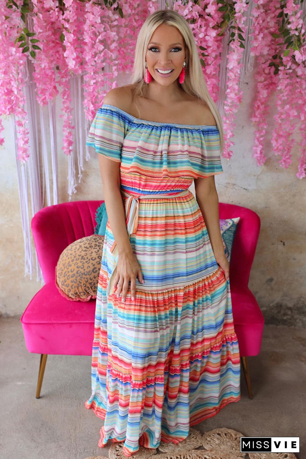 Stripe Print Lace-up Ruffled Off Shoulder Maxi Dress