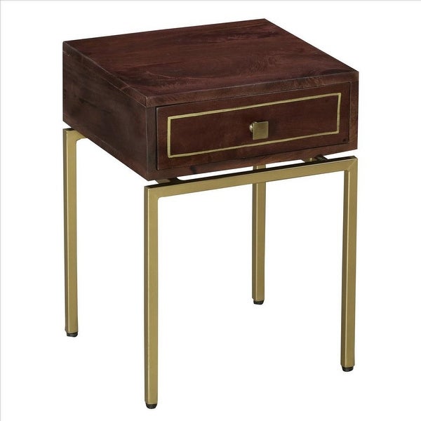 Bedside Table with 1 Drawer and Tubular Metal Legs， Brown and Brass - Brown and Brass - 22 H x 16 W x 15 L Inches