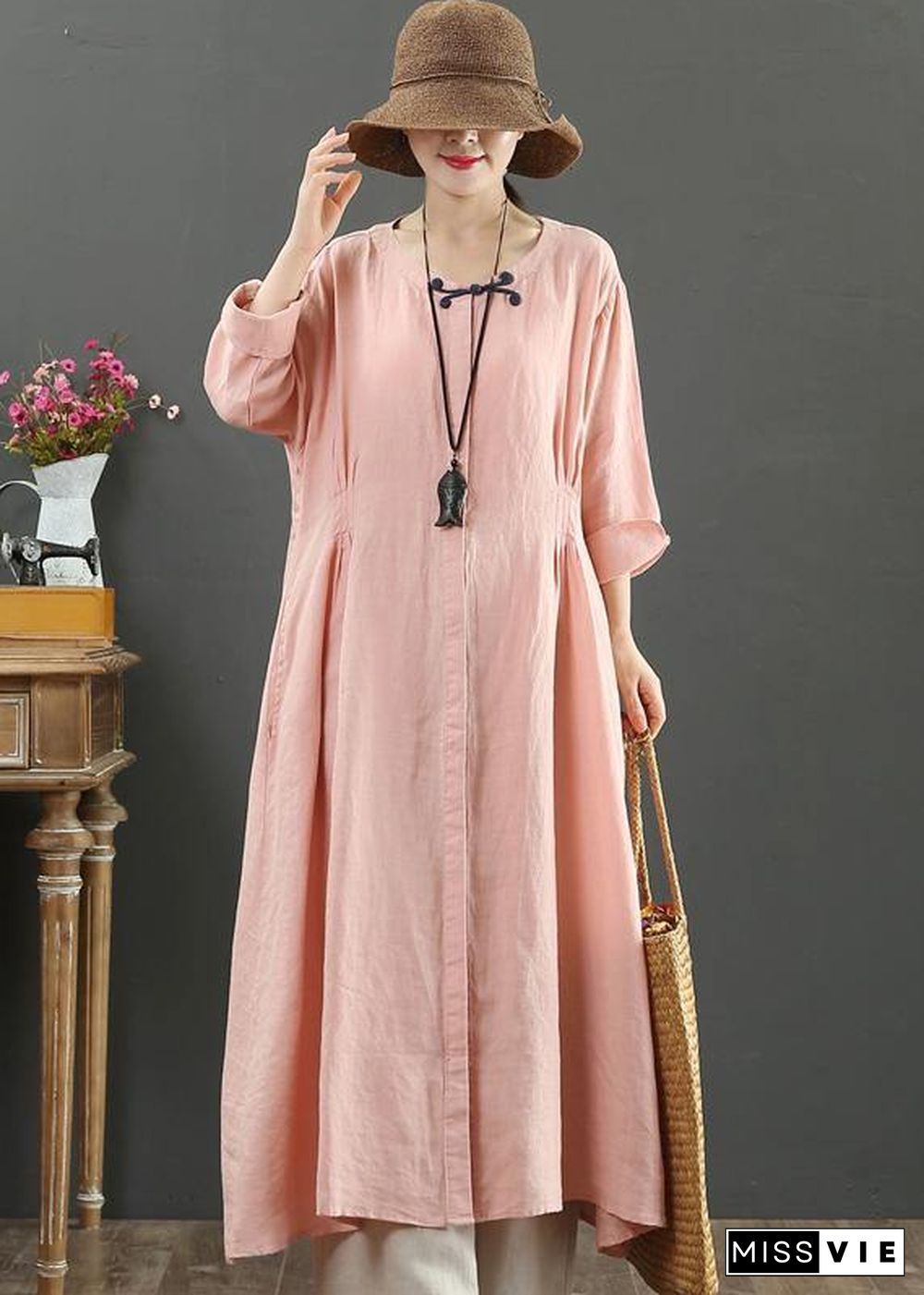 Handmade Pink Tunic Top O Neck Patchwork Maxi Spring Dresses