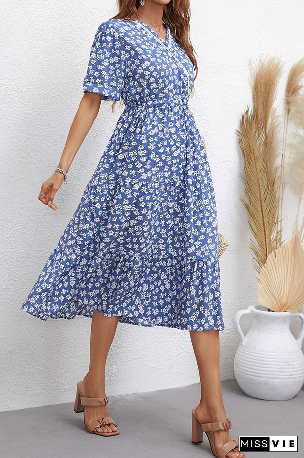 Waist Tie Flower V Neck Midi Dress