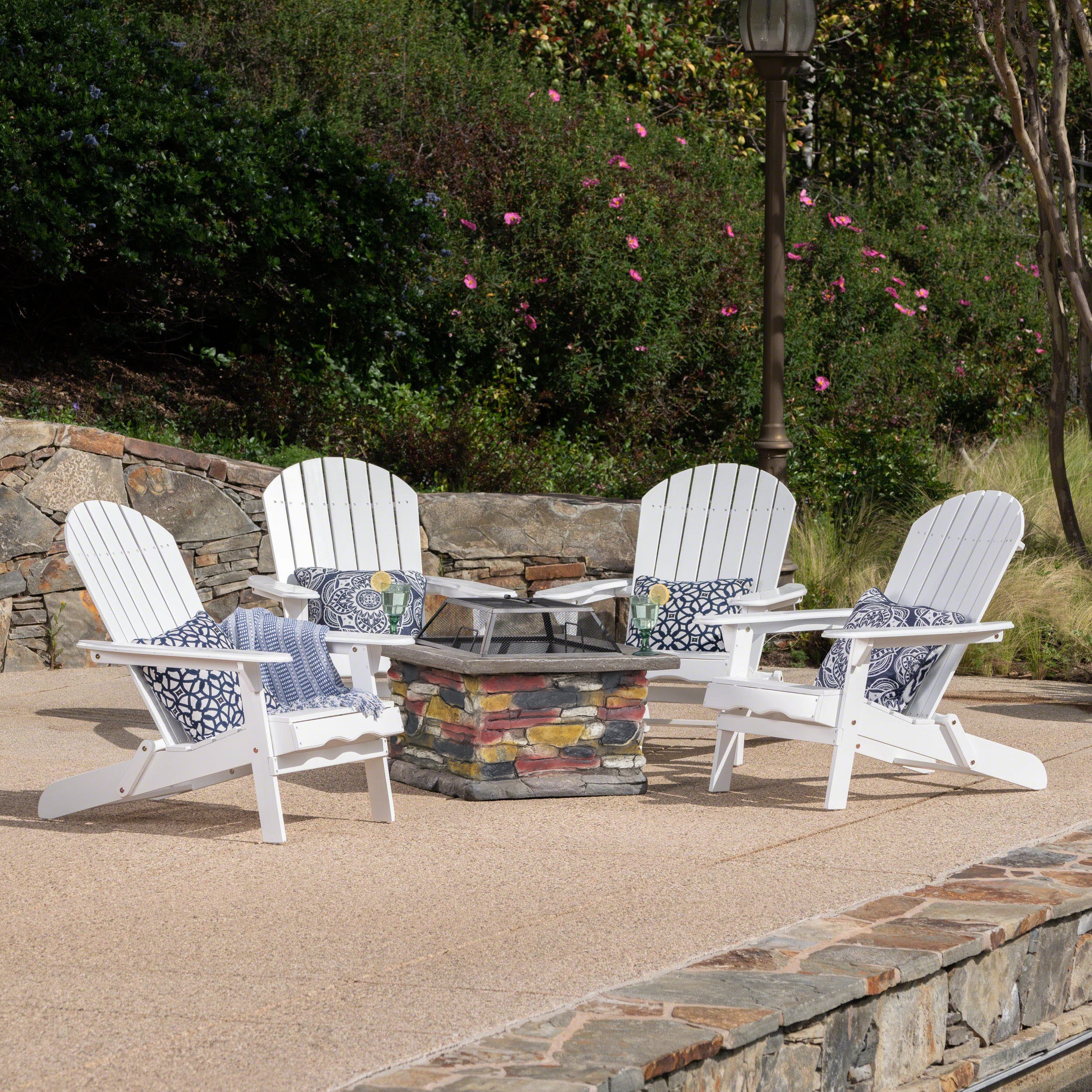 Benson Outdoor 5 Piece Acacia Wood/ Light Weight Concrete Adirondack Chair Set with Fire Pit