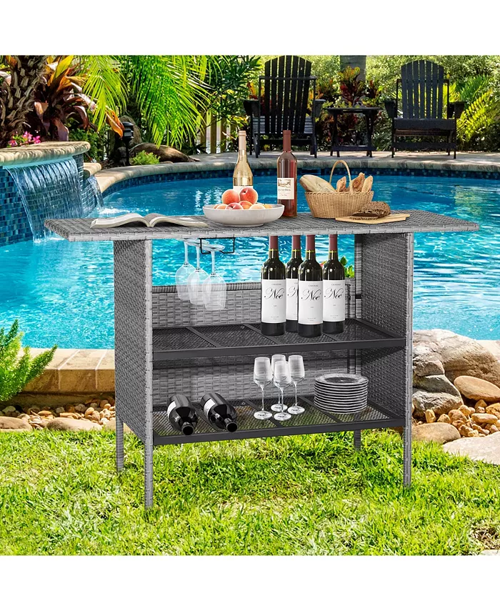 Costway Patio Rattan Wicker Bar Height Counter Table Storage Shelf Rail Garden