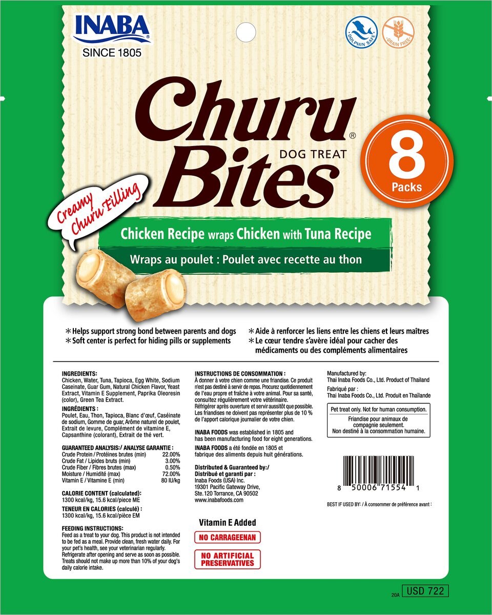 Inaba Churu Bites Wraps Chicken with Tuna Recipe Grain-Free Soft and Chewy Dog Treats， 0.42-oz， pack of 8