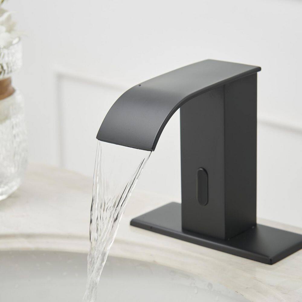 BWE Waterfall Automatic Sensor Touchless Bathroom Sink Faucet With Pop Up Drain With Overflow  Deck Plate In Matte Black A-918139-B