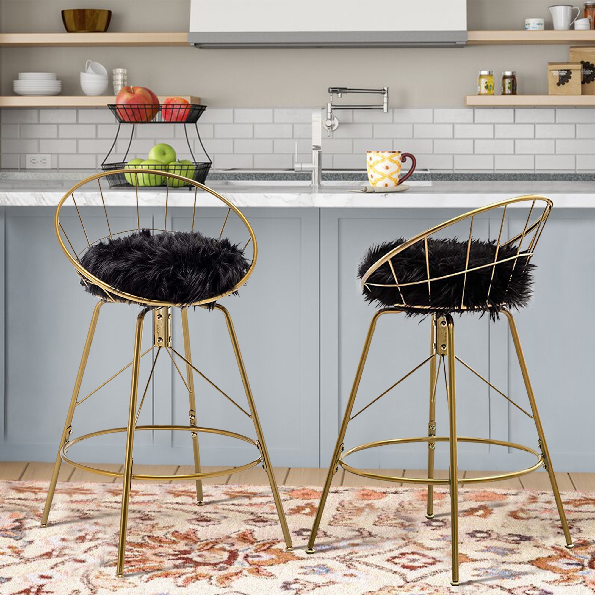 Andeworld 24 inch Swivel Gold Bar Stools Set of 2 Counter Height with Removable Black Faux Fur，Gold Bar Stools with Backs，Non-Slip Rubber Caps and Legs 360゜ Swivel