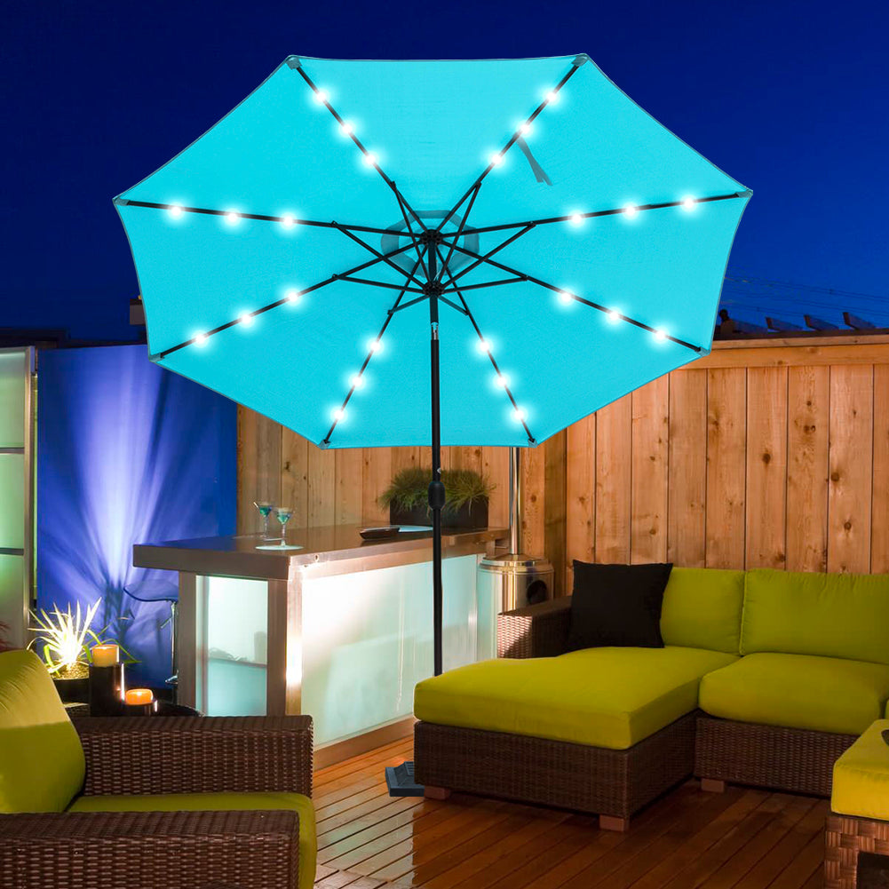 Sundale Outdoor 10 ft Solar Powered 24 LED Lighted Patio Umbrella Table Market Umbrella with Crank and Push Button Tilt for Garden, Deck, Backyard, Pool, 8 Steel Ribs (Blue)