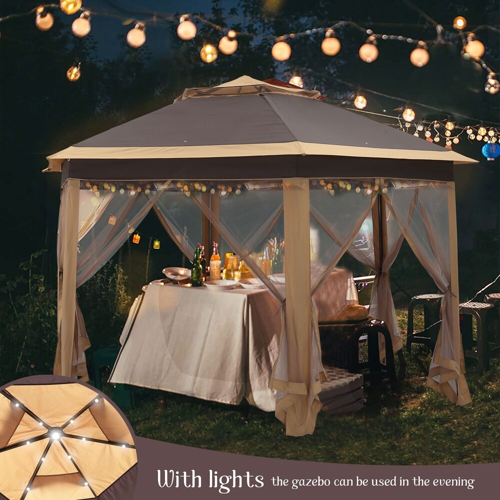 Outdoor Hexagonal Gazebo with Mosquito Net Center Light   6 LED Lights