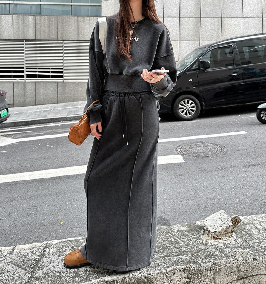 Thickened Fleece-lined Sunken Stripe Half-length Straight Slim-fit Slimming Solid Color Mid-length Dress