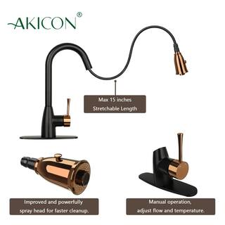 Akicon Two Tone Single Handle Deck Mount Pull Down Sprayer Kitchen Faucet with Deckplate and Soap Dispenser and Air Gap AK96455BLRG-SDA