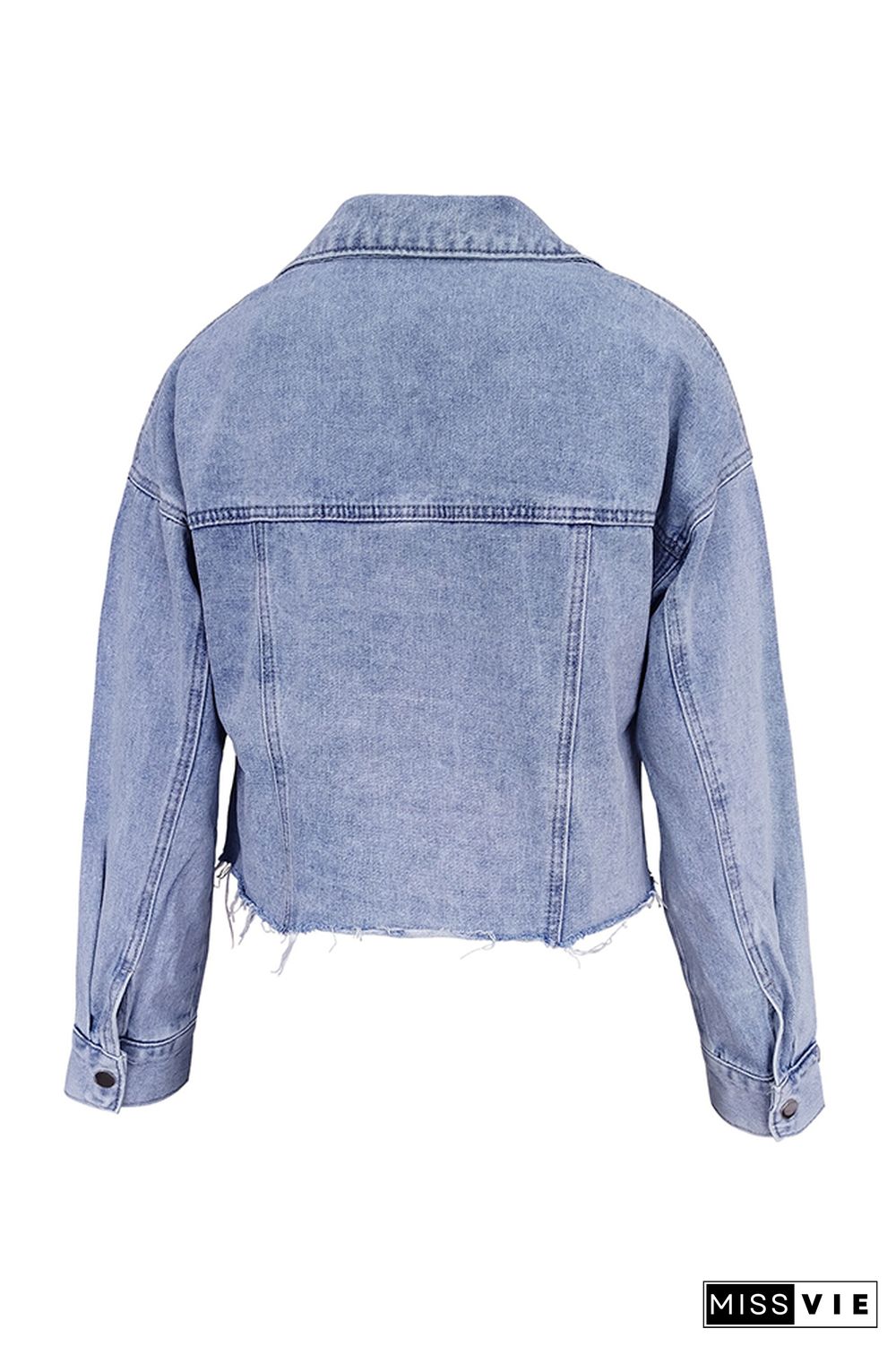 Blue Lapel Collar Raw Hem Button Open Denim Jackets