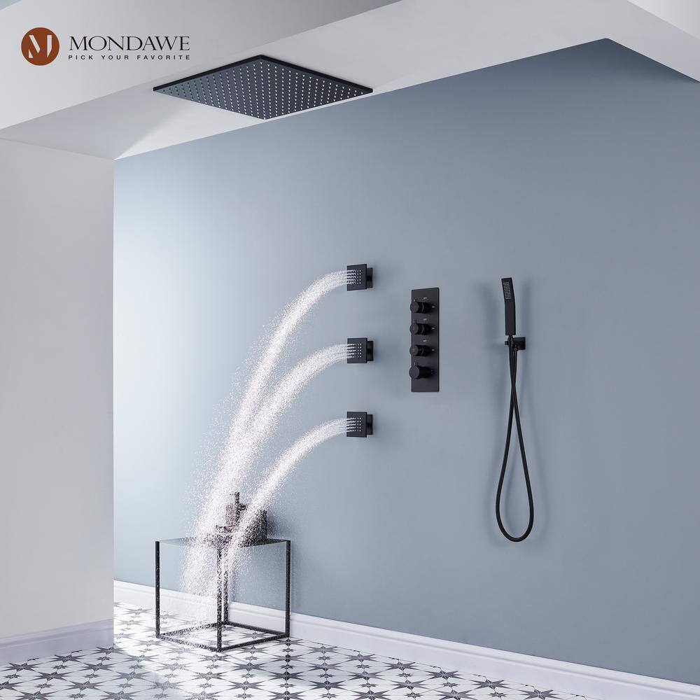 Mondawe Luxury Thermostatic 3-Spray Patterns 20 in. Flush Ceiling Mount Rain Dual Shower Heads with 3-Jet in Black WF-6368-20-B