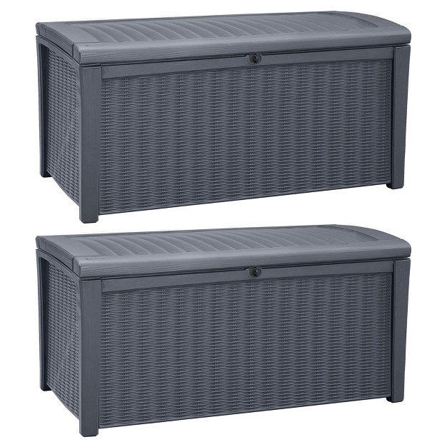 Keter Borneo 110 Gallon All Weather Weatherproof Rattan Wicker Resin Outdoor Patio Porch Garden Deck Organization Storage Box Bench Grey 2 Pack