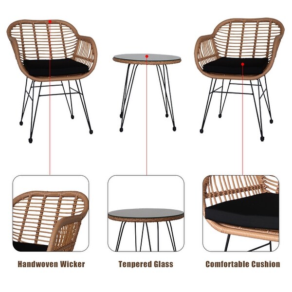 Wicker Rattan Patio Conversation Set with Tempered Glass Table