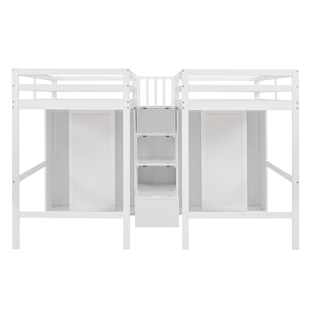 Wood Double Twin Size Loft Bed w/ Wardrobes   Storage Staircase Unisex