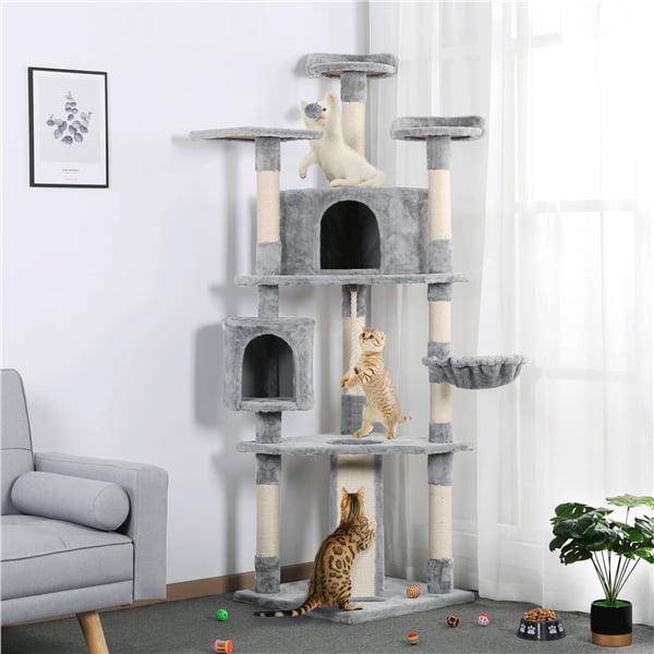 Topeakmart 798221 Multilevel Cat Tree Condo with Basket and Scratching Posts and Ramp Light Gray  Crowdfused