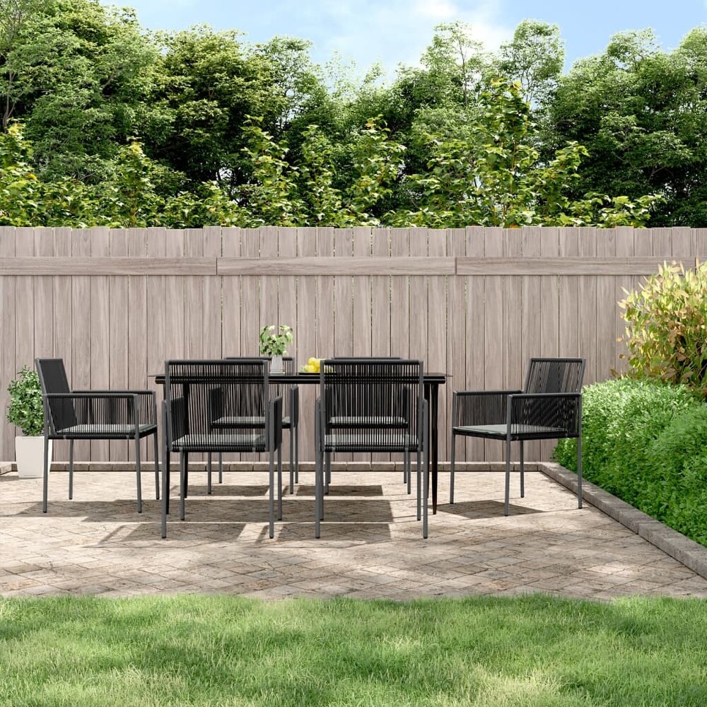 vidaXL 7 Piece Patio Dining Set with Cushions Black Poly Rattan and Steel   21.3\