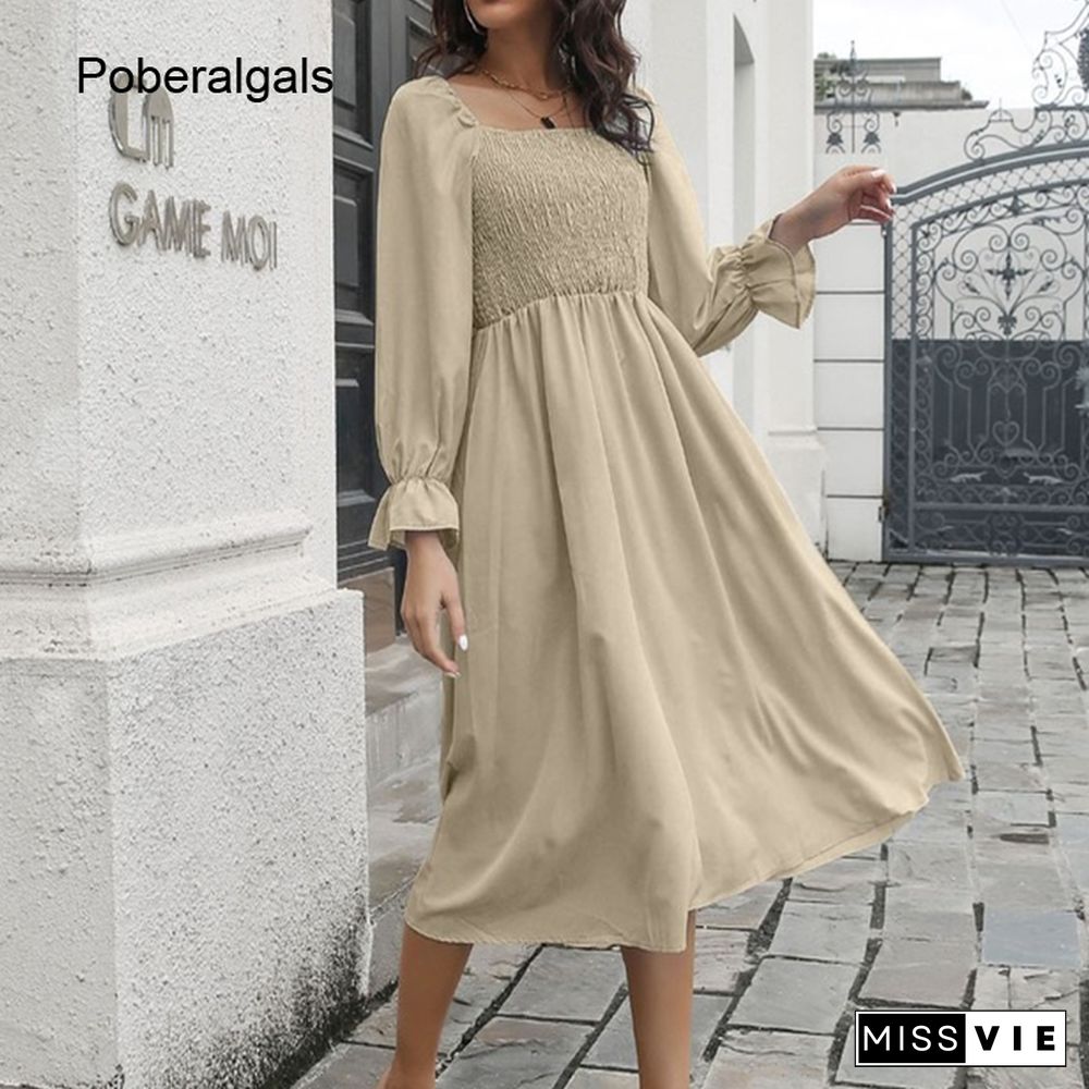 Elegant Fashion Spring Women Dress New Chiffon Solid Casual Full Flared Sleeve One-line Collar Pleated Midi A-line Dress