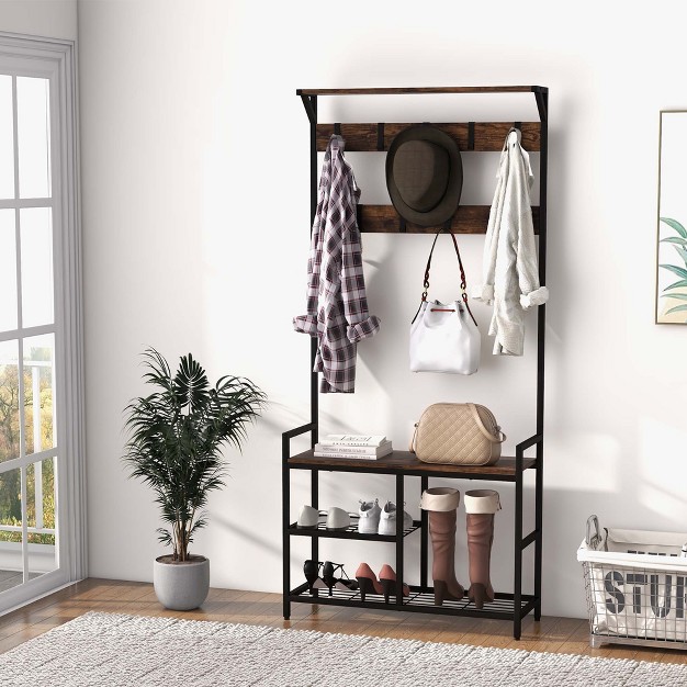 Costway 71 x27 x27 Coat Rack Hall Tree With Shoe Bench Industrial Entryway Storage Shelf With Hooks