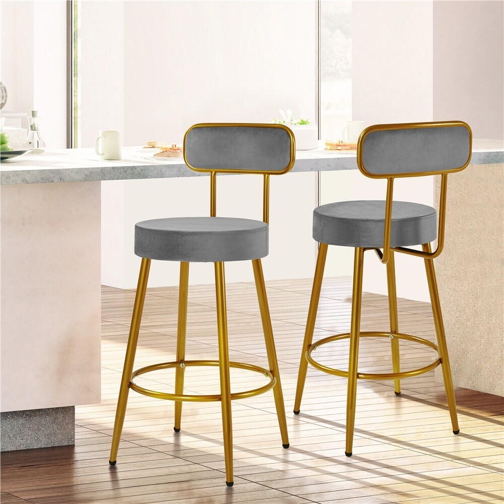 Yaheetech 2pcs Velvet Bar Stools With Gold Legs Counter height Bar Stools with Backrest and Footrest   N/A