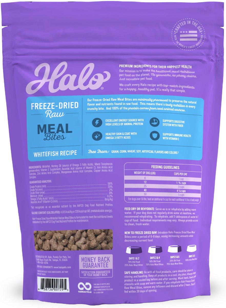 Halo Meal Bites Whitefish Recipe Grain-Free Freeze-Dried Raw Dog Food， 14-oz bag