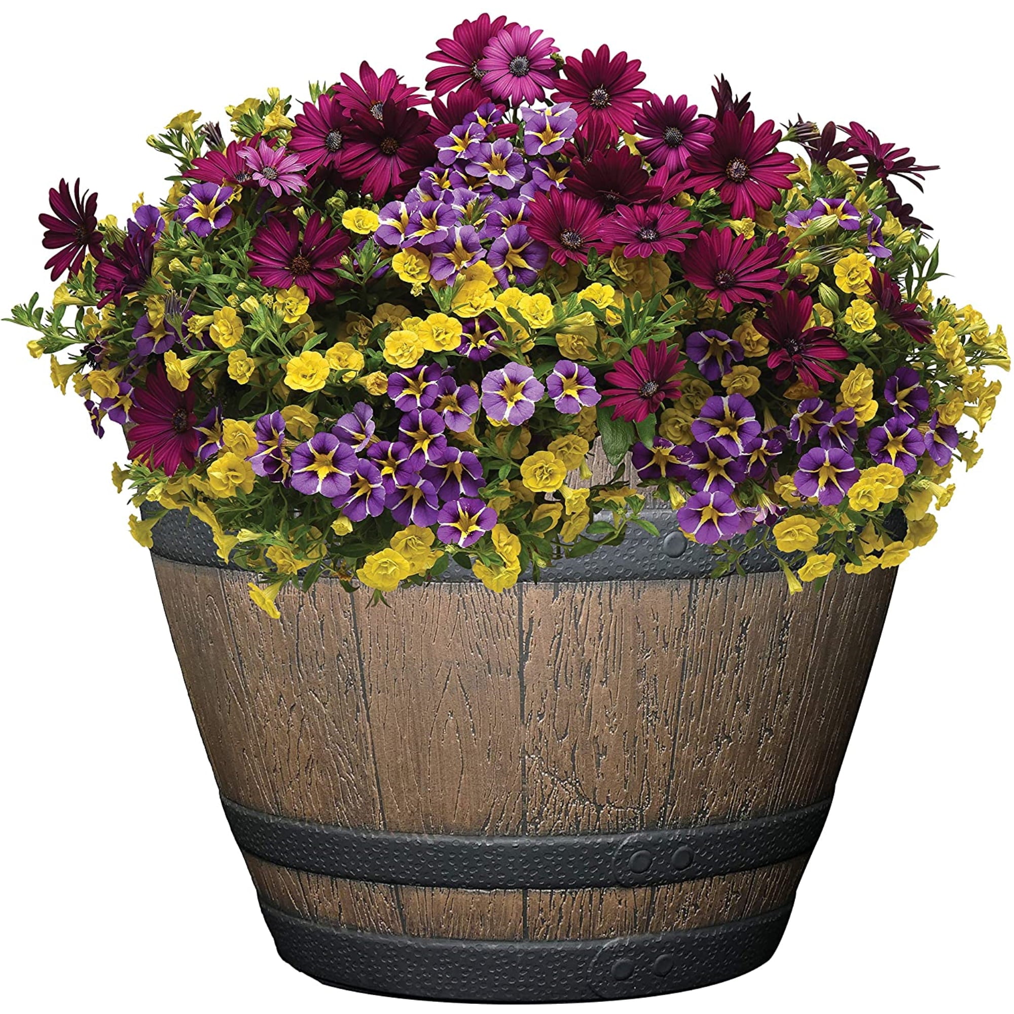 Classic Home and Garden Whiskey Resin Flower Pot Barrel Planter, Walnut Brown, 15"