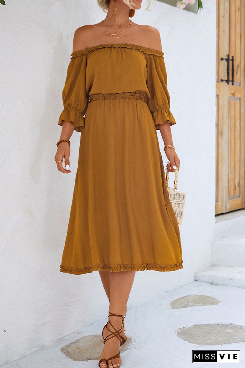 Off Shoulder Ruffles High Waist Midi Dress