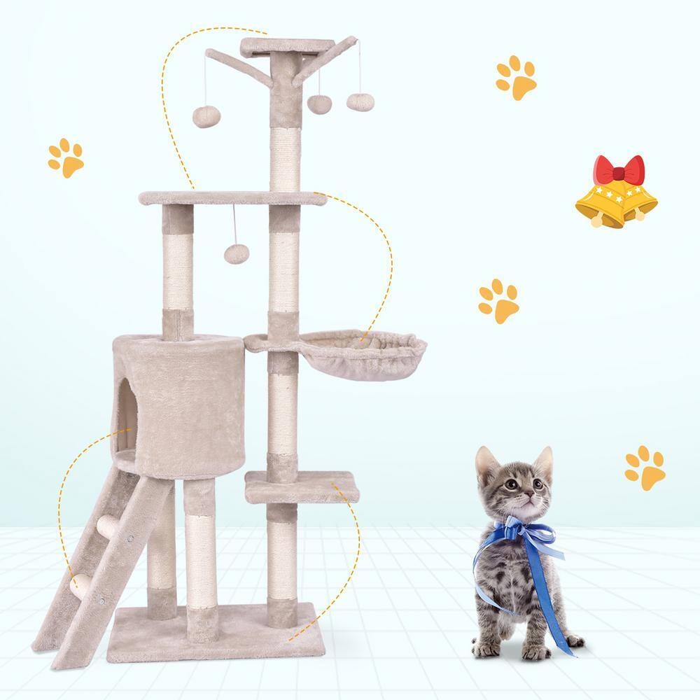 WELLFOR Beige Cat Trees and Scratch Posts Furniture Cover Kitten Climbing Tower Cat Condo with Sisal-Covered Posts and Ladder PS-HWY-7389BE