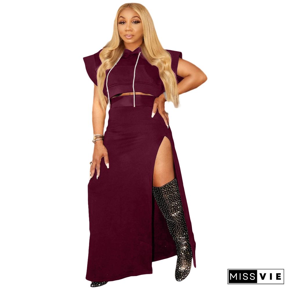 Plus Size Hooded Crop Top Slit Maxi Skirt Set