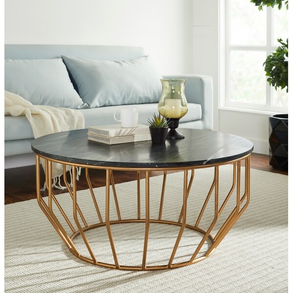 Golden Leaf Modern Coffee Table with Real Marble Top and Gold Base