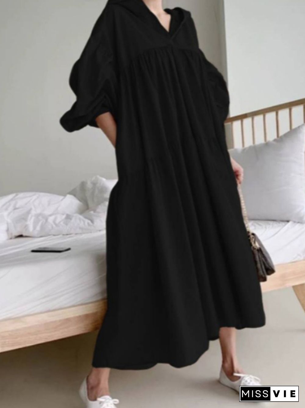 Urban Solid Color Pleated Long Sleeves Hooded Midi Dress