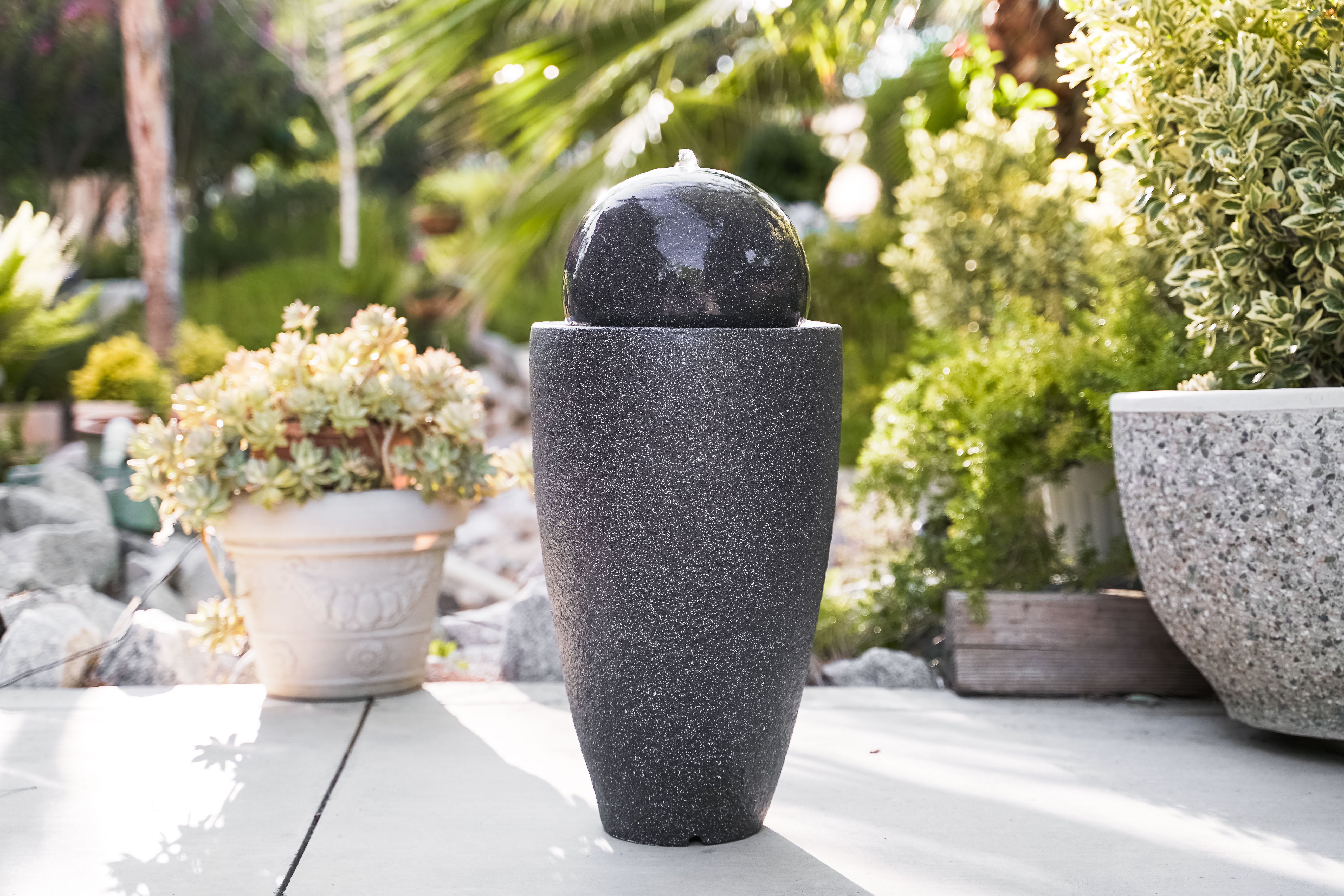 XBrand Modern Stone Textured Round Sphere Water Fountain w/LED Lights， Indoor Outdoor Décor， 25.6 Inch Tall， Black